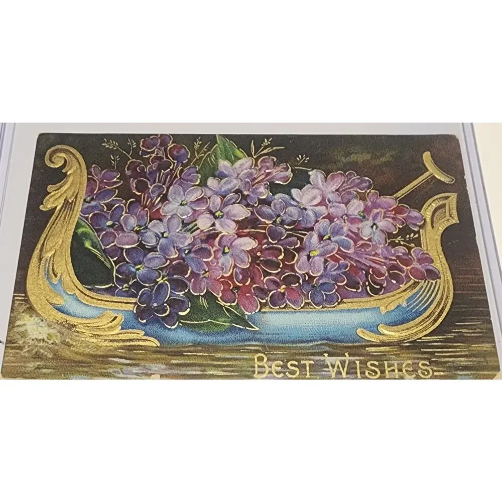 Lot Of Four Vintage Antique Embossed Postcards Flowers Birthday Boats